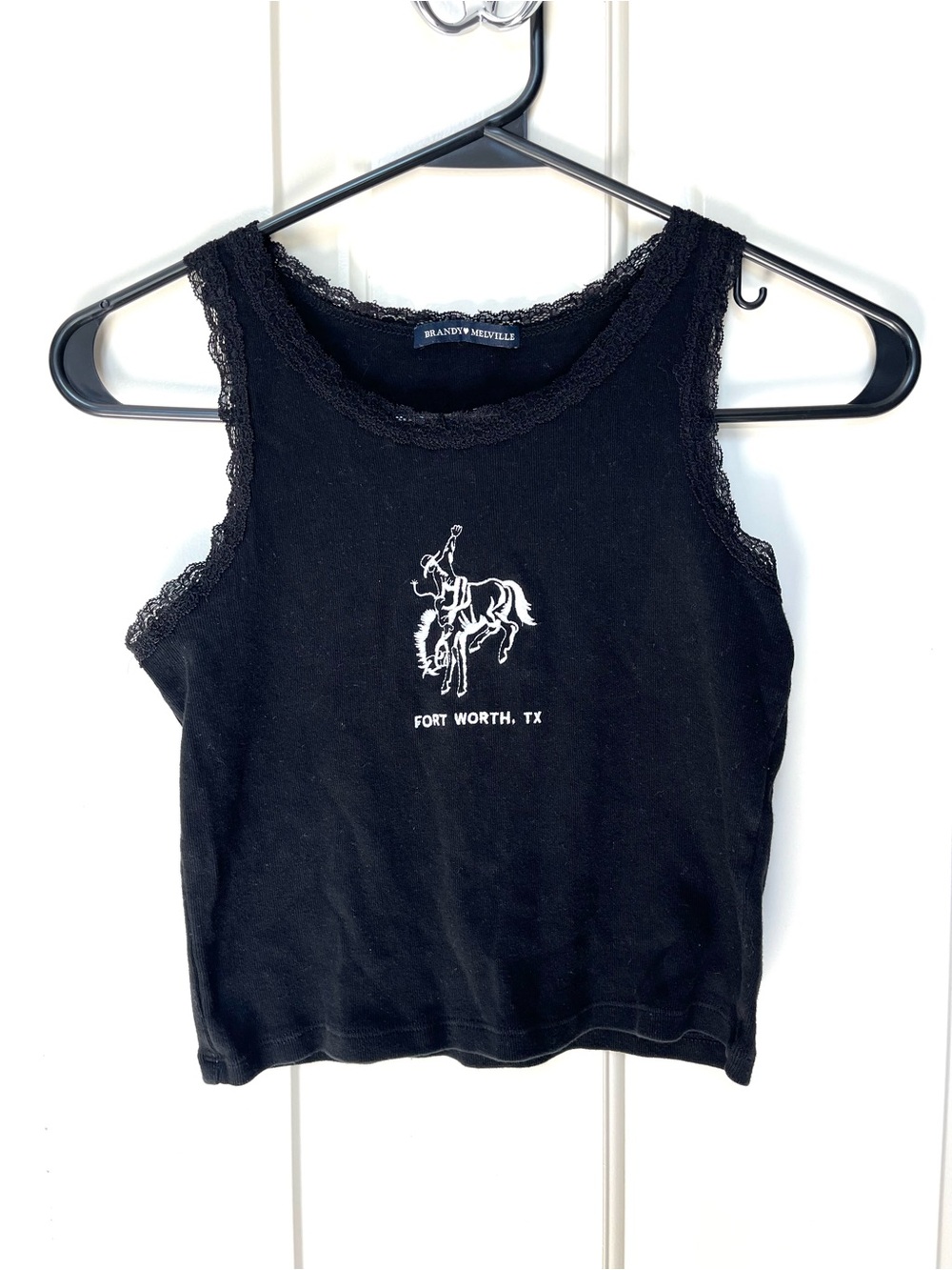 Brandy Melville black lace trimmed graphic Ft. Worth cropped sleeveless top